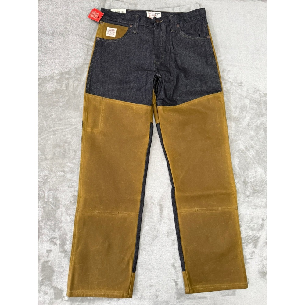 Filson x Wrangler Two-Tone Adventure Jeans Mens 33x32 Blue Denim Tan Relaxed NWT